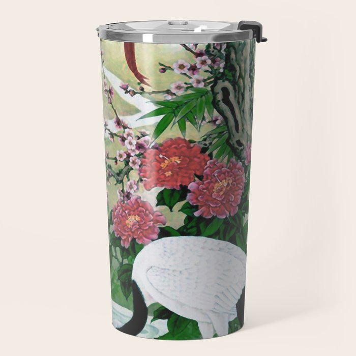 Red Crowned Cranes In Vintage Japanese Floral Landscape Travel Mug Gallery Image 2
