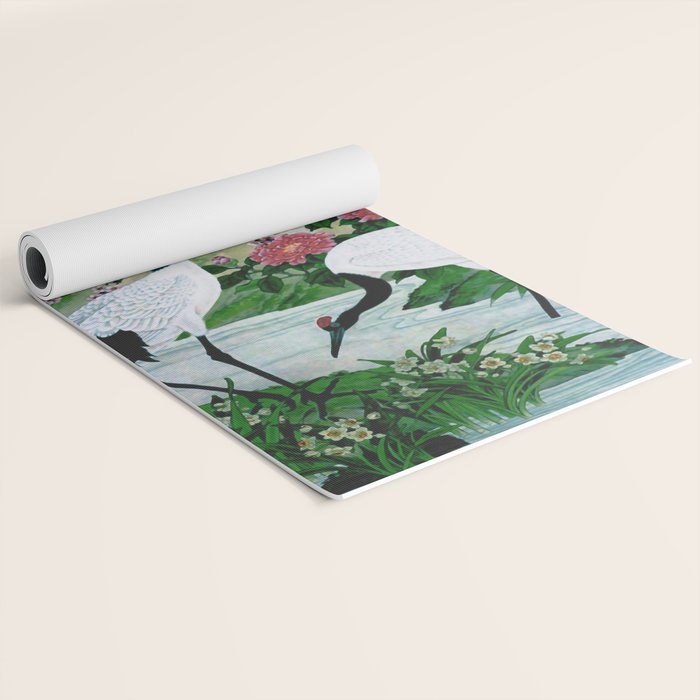 Red Crowned Cranes In Vintage Japanese Floral Landscape Yoga Mat Gallery Image 2