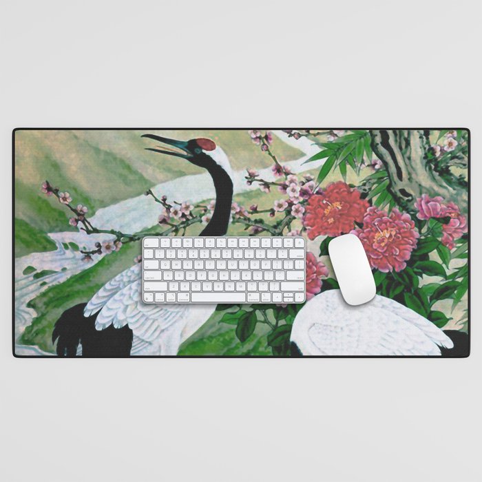 Red Crowned Cranes In Vintage Japanese Floral Landscape Desk Mat Gallery Image 1