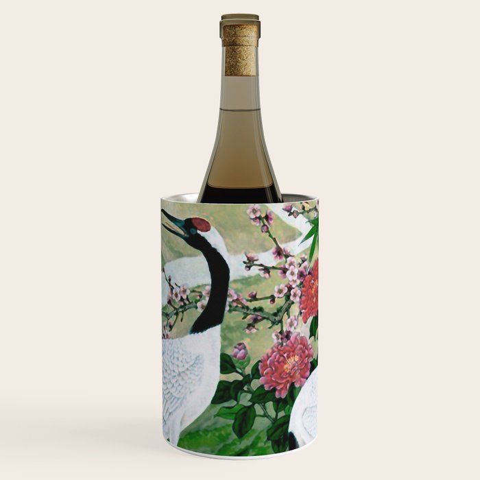 Red Crowned Cranes In Vintage Japanese Floral Landscape Wine Chiller Gallery Image 1