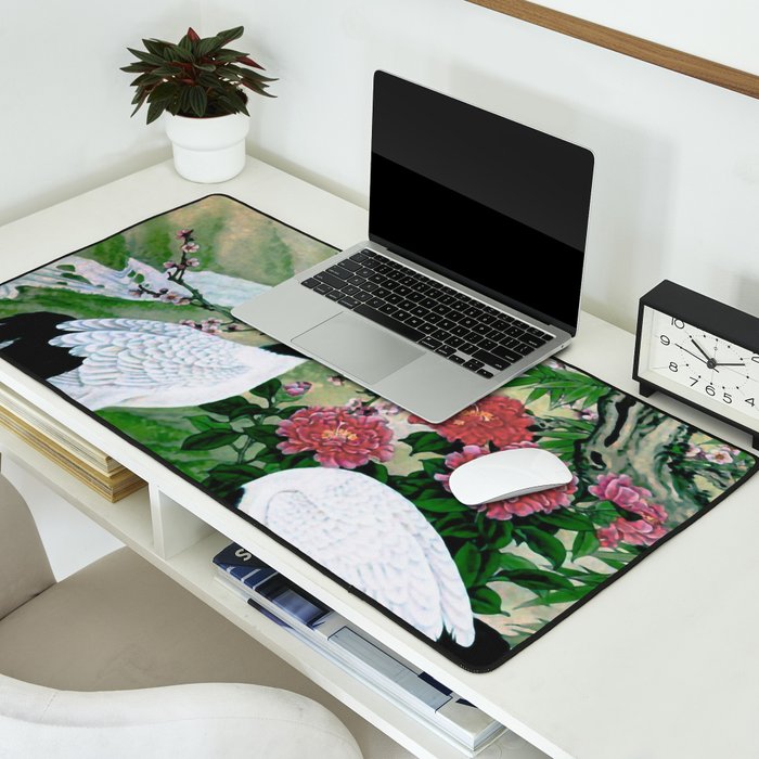 Red Crowned Cranes In Vintage Japanese Floral Landscape Desk Mat Gallery Image 2