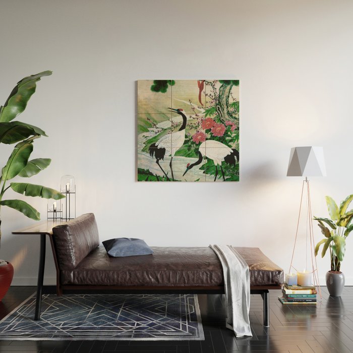 Red Crowned Cranes In Vintage Japanese Floral Landscape Wood Wall Art Gallery Image 2