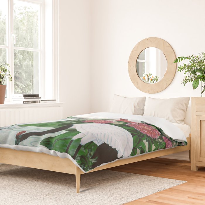 Red Crowned Cranes In Vintage Japanese Floral Landscape Duvet Cover Gallery Image 2
