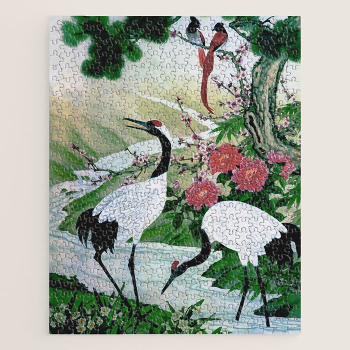 Red Crowned Cranes In Vintage Japanese Floral Landscape Jigsaw Puzzle Gallery Image 1