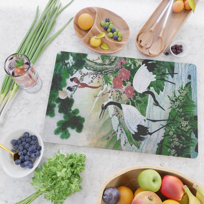 Red Crowned Cranes In Vintage Japanese Floral Landscape Cutting Board Gallery Image 2