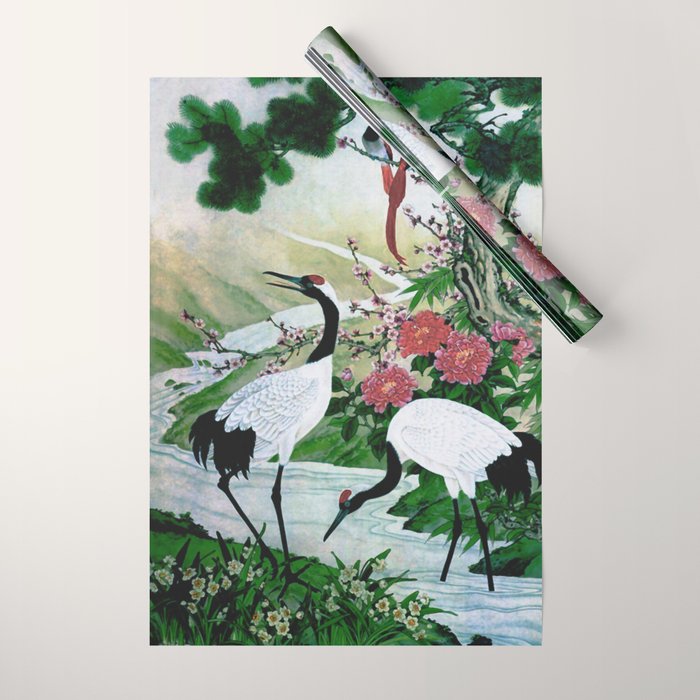 Red Crowned Cranes In Vintage Japanese Floral Landscape Wrapping Paper Gallery Image 1