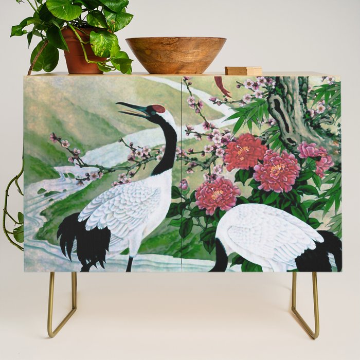 Red Crowned Cranes In Vintage Japanese Floral Landscape Credenza Gallery Image 1