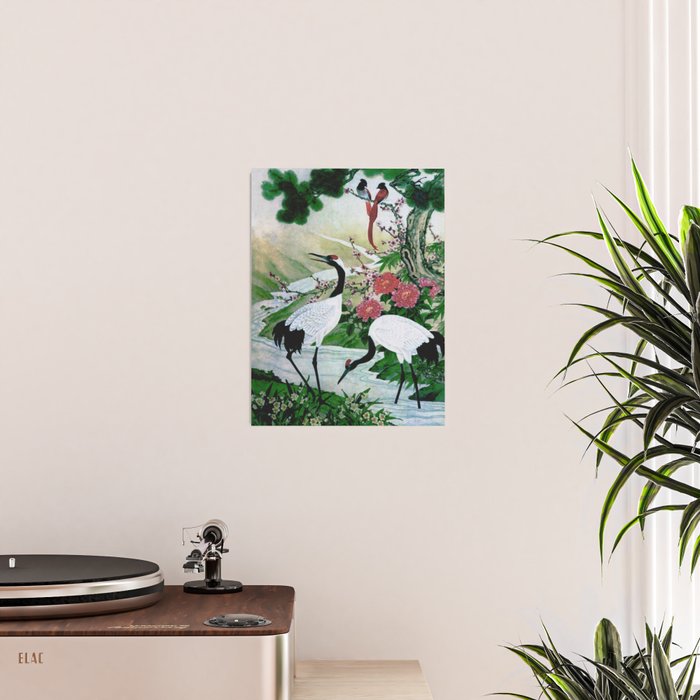 Red Crowned Cranes In Vintage Japanese Floral Landscape Poster Gallery Image 2