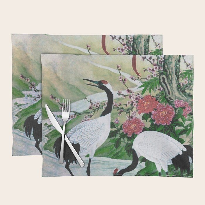 Red Crowned Cranes In Vintage Japanese Floral Landscape Placemat Gallery Image 1