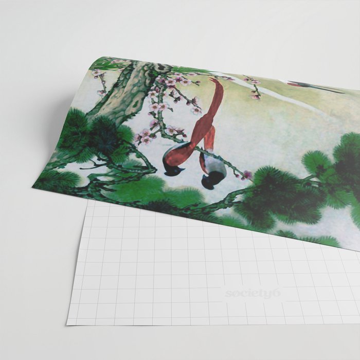 Red Crowned Cranes In Vintage Japanese Floral Landscape Wrapping Paper Gallery Image 2