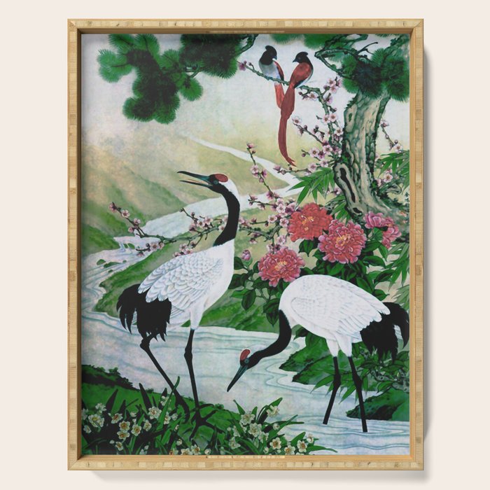 Red Crowned Cranes In Vintage Japanese Floral Landscape Serving Tray Gallery Image 1