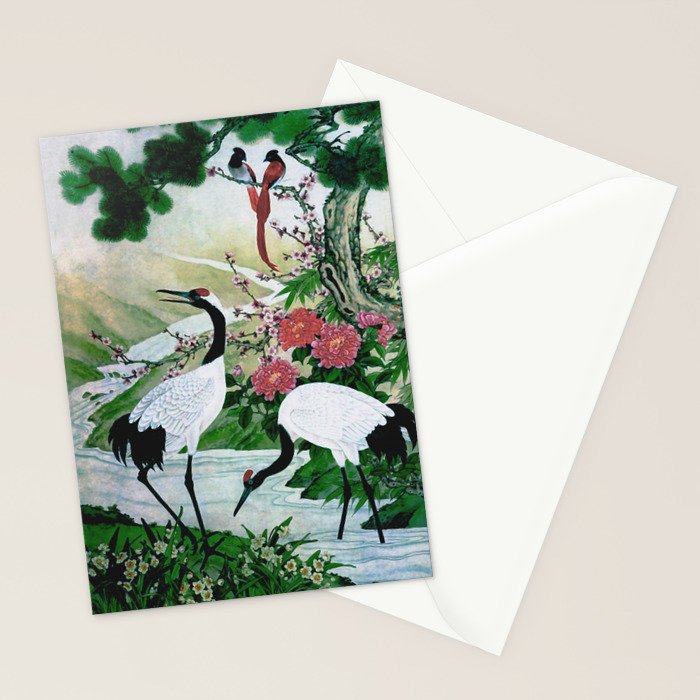 Red Crowned Cranes In Vintage Japanese Floral Landscape Stationery Card Gallery Image 2