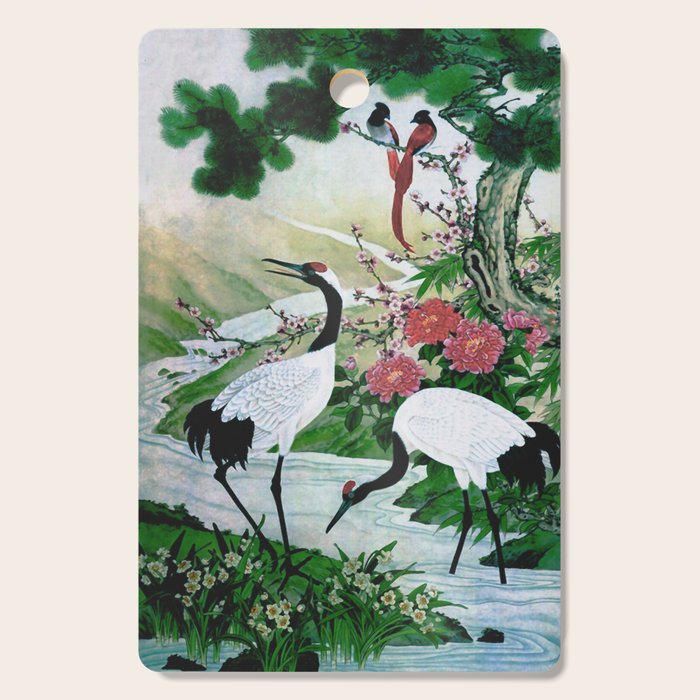 Red Crowned Cranes In Vintage Japanese Floral Landscape Cutting Board Gallery Image 1