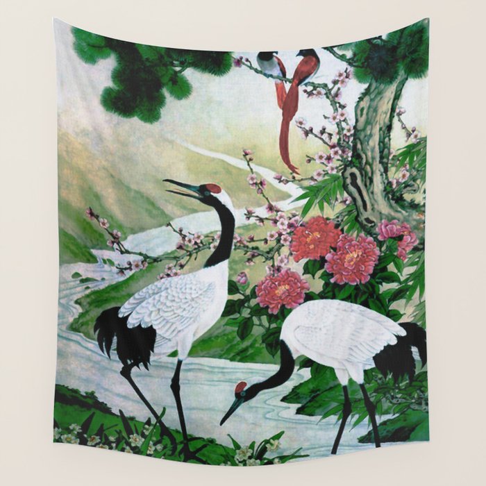 Red Crowned Cranes In Vintage Japanese Floral Landscape Wall Tapestry Gallery Image 1