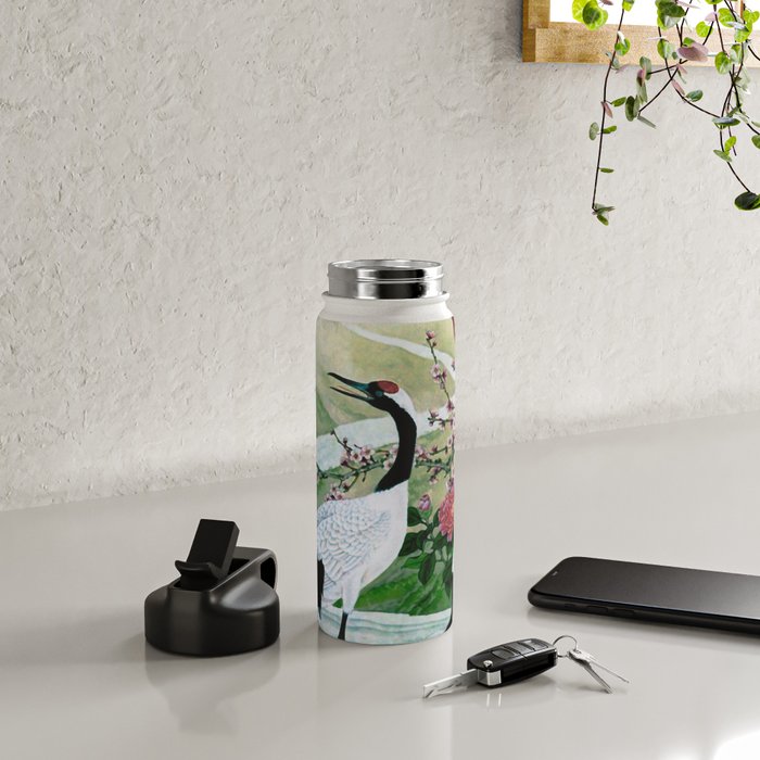 Red Crowned Cranes In Vintage Japanese Floral Landscape Water Bottle Gallery Image 4