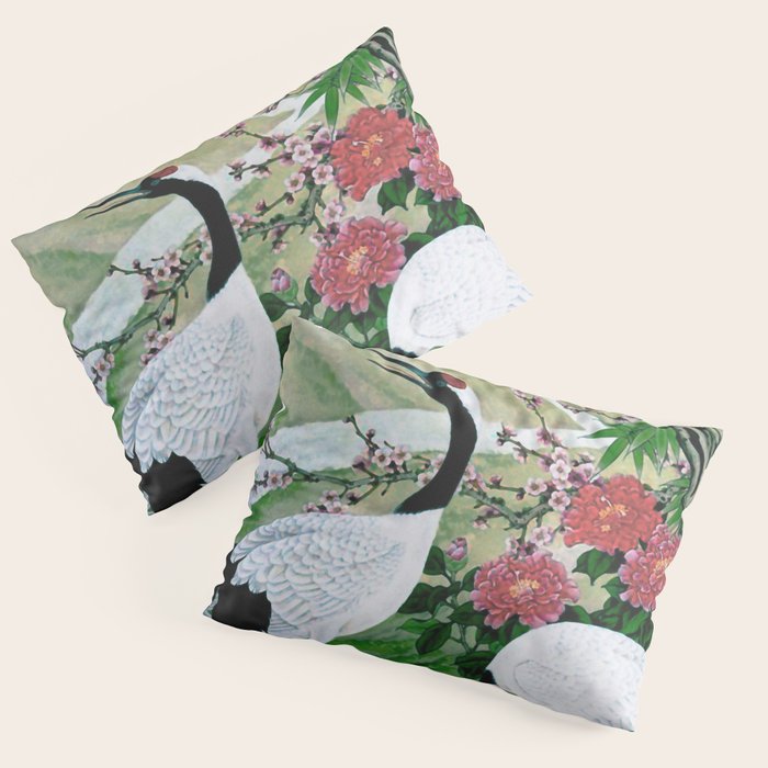 Red Crowned Cranes In Vintage Japanese Floral Landscape Pillow Sham Gallery Image 3