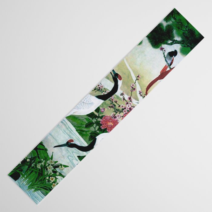 Red Crowned Cranes In Vintage Japanese Floral Landscape Table Runner Gallery Image 3
