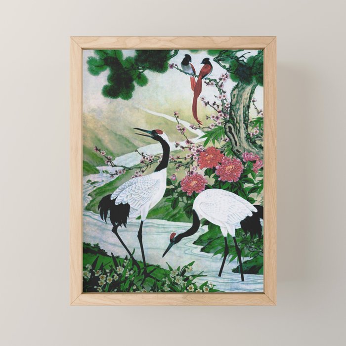 Red Crowned Cranes In Vintage Japanese Floral Landscape Mini Art Print Gallery Image 1