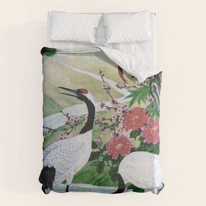 Red Crowned Cranes In Vintage Japanese Floral Landscape Duvet Cover Gallery Image 1