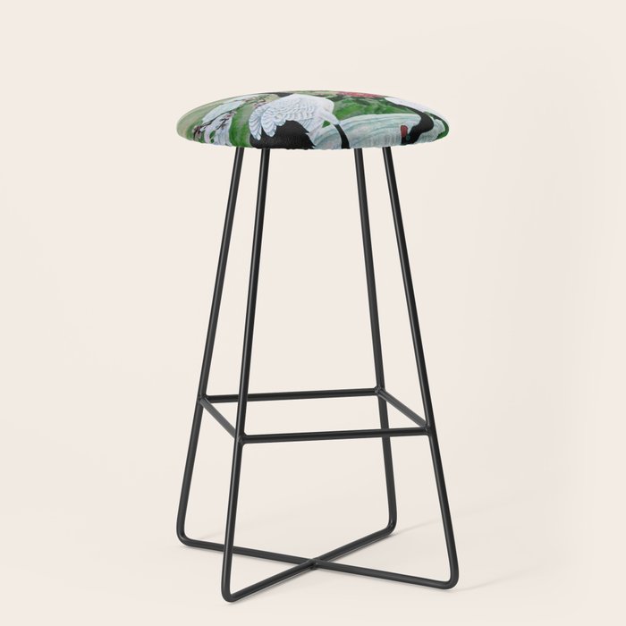 Red Crowned Cranes In Vintage Japanese Floral Landscape Stool Gallery Image 1
