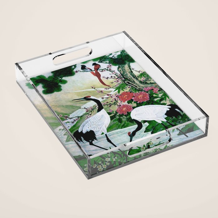 Red Crowned Cranes In Vintage Japanese Floral Landscape Acrylic Tray Gallery Image 1