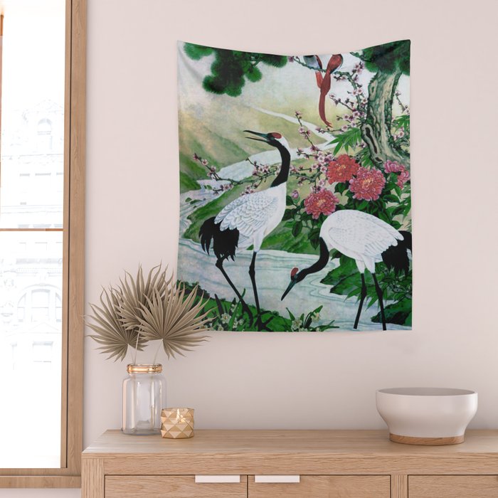 Red Crowned Cranes In Vintage Japanese Floral Landscape Wall Tapestry Gallery Image 2