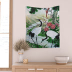 Red Crowned Cranes In Vintage Japanese Floral Landscape Wall Tapestry Gallery Image 2