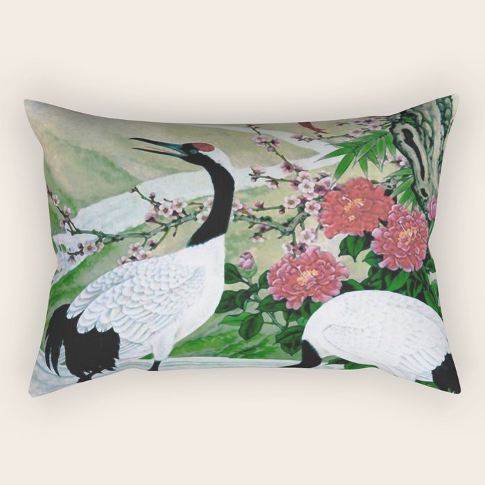 Red Crowned Cranes In Vintage Japanese Floral Landscape Rectangular Pillow Gallery Image 1