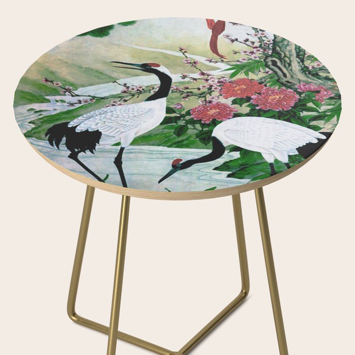 Red Crowned Cranes In Vintage Japanese Floral Landscape Side Table Gallery Image 2