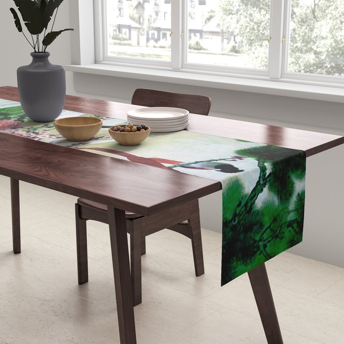 Red Crowned Cranes In Vintage Japanese Floral Landscape Table Runner Gallery Image 2
