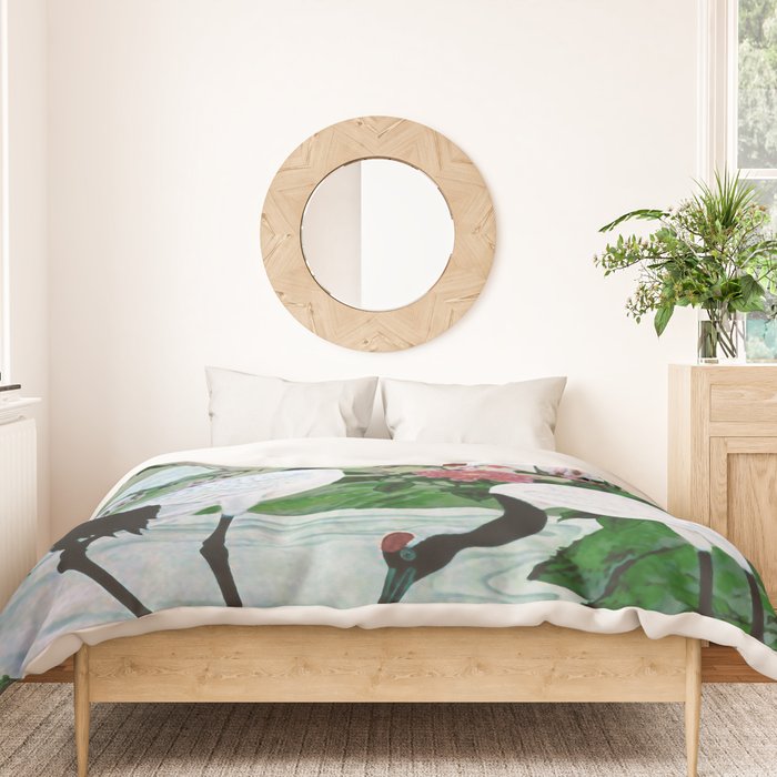 Red Crowned Cranes In Vintage Japanese Floral Landscape Duvet Cover Gallery Image 3