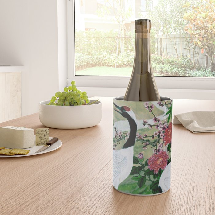 Red Crowned Cranes In Vintage Japanese Floral Landscape Wine Chiller Gallery Image 4