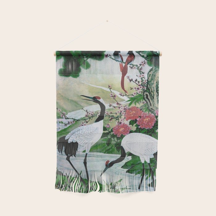 Red Crowned Cranes In Vintage Japanese Floral Landscape Wall Hanging Gallery Image 1