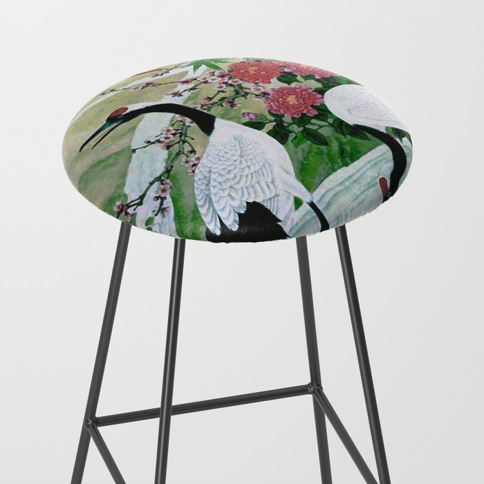 Red Crowned Cranes In Vintage Japanese Floral Landscape Stool Gallery Image 2