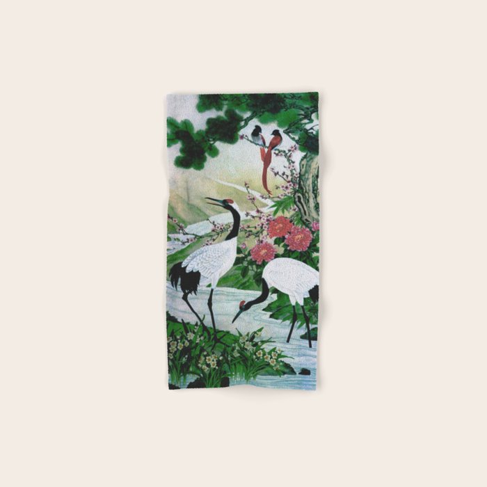 Red Crowned Cranes In Vintage Japanese Floral Landscape Bath Towel Gallery Image 1