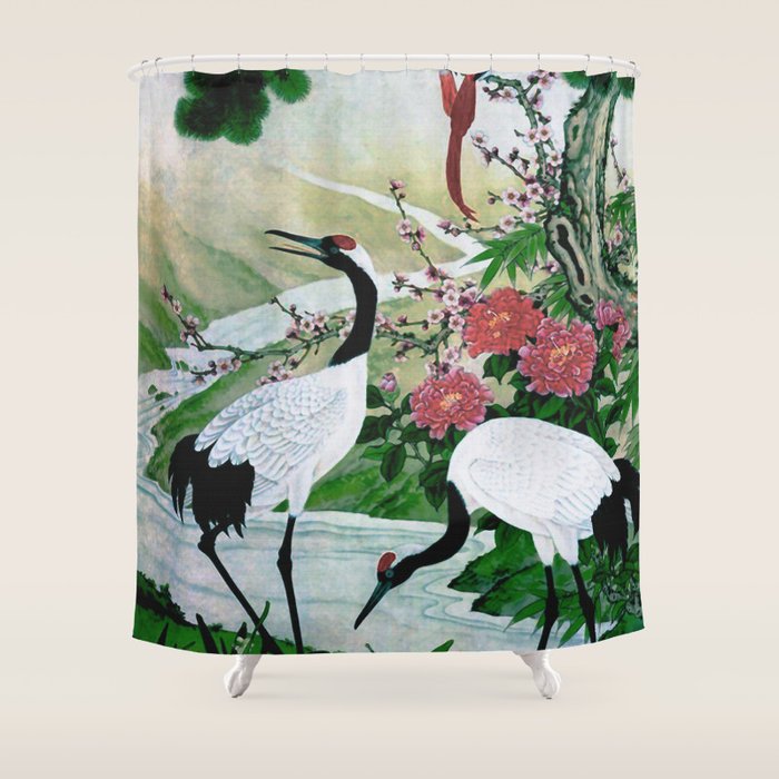 Red Crowned Cranes In Vintage Japanese Floral Landscape Shower Curtain Gallery Image 1