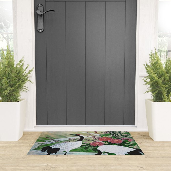 Red Crowned Cranes In Vintage Japanese Floral Landscape Welcome Mat Gallery Image 3