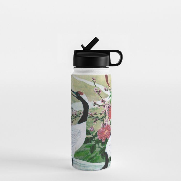 Red Crowned Cranes In Vintage Japanese Floral Landscape Water Bottle Gallery Image 1