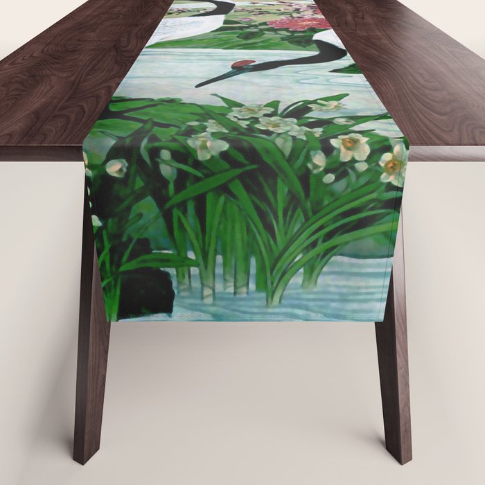 Red Crowned Cranes In Vintage Japanese Floral Landscape Table Runner Gallery Image 1