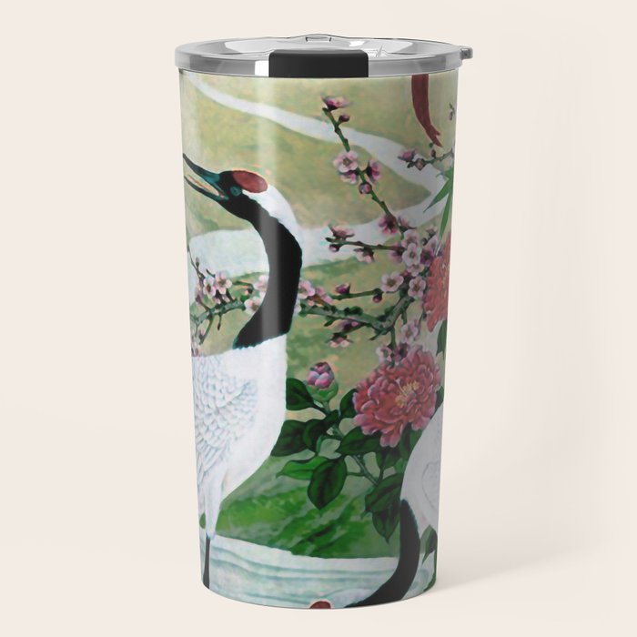 Red Crowned Cranes In Vintage Japanese Floral Landscape Travel Mug Gallery Image 1