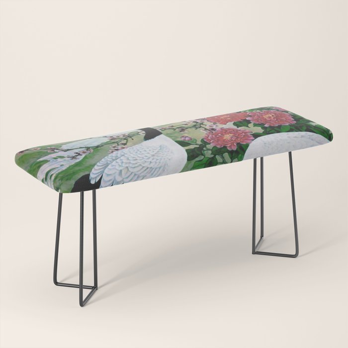 Red Crowned Cranes In Vintage Japanese Floral Landscape Bench Gallery Image 1