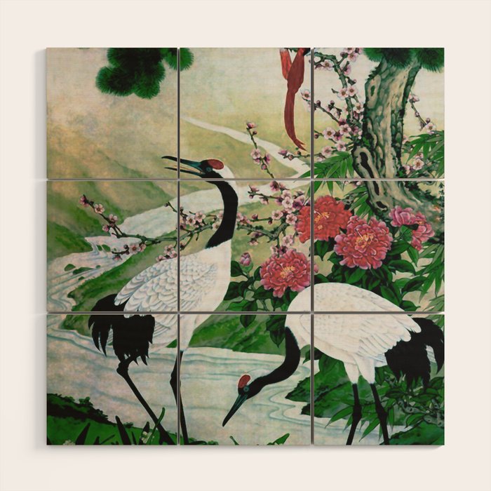 Red Crowned Cranes In Vintage Japanese Floral Landscape Wood Wall Art Gallery Image 1