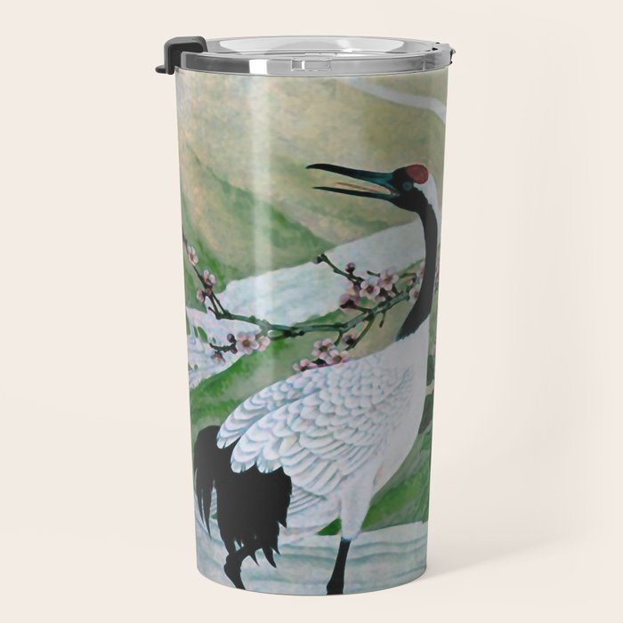 Red Crowned Cranes In Vintage Japanese Floral Landscape Travel Mug Gallery Image 3