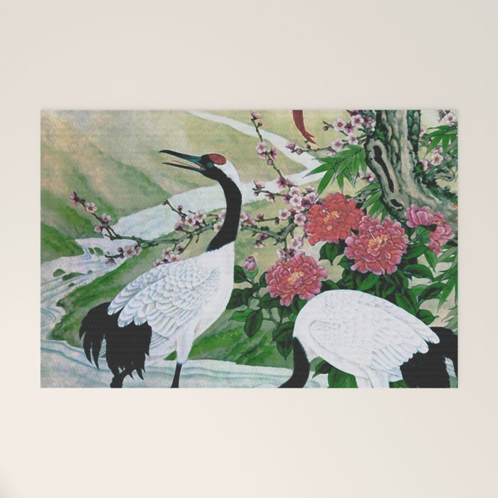 Red Crowned Cranes In Vintage Japanese Floral Landscape Welcome Mat Gallery Image 1