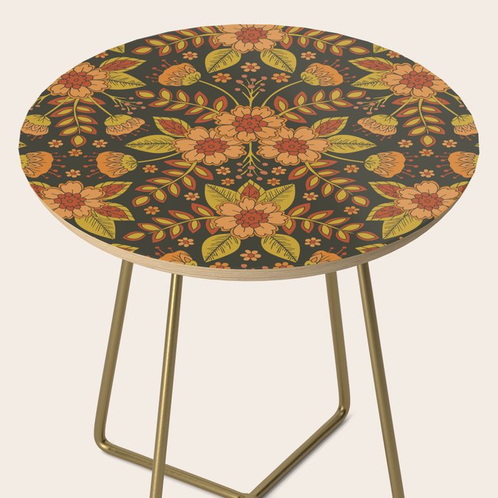 Orange, Peach, Olive Green & Dark Gray Floral Pattern Side Table Gallery Image 2