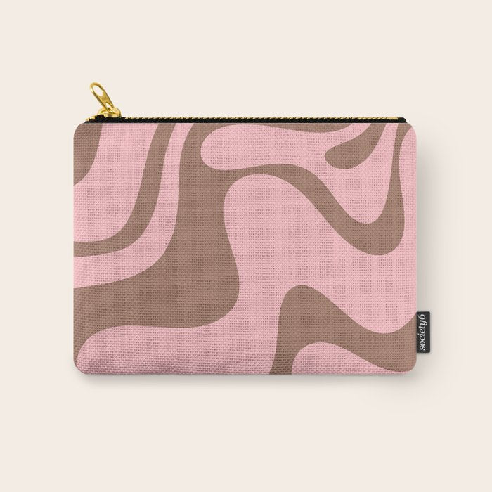 Retro Liquid Swirl Contemporary Abstract Pattern 2 in Mocha Brown and Pink Carry All Pouch Gallery Image 1