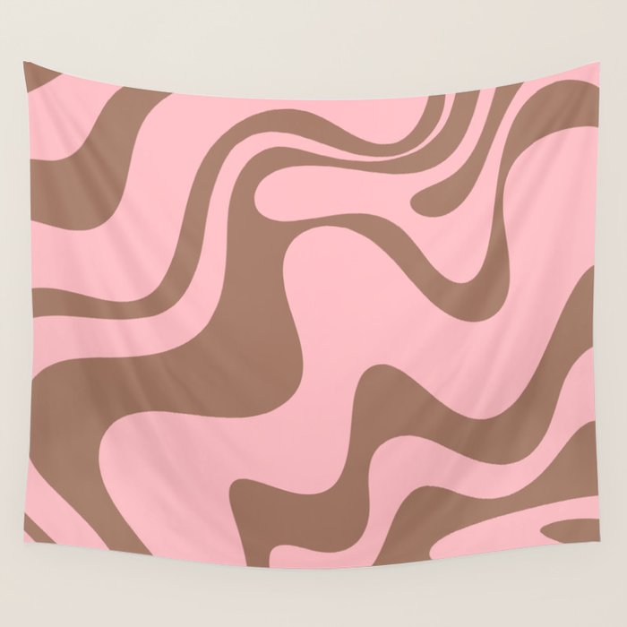 Retro Liquid Swirl Contemporary Abstract Pattern 2 in Mocha Brown and Pink Wall Tapestry Gallery Image 4