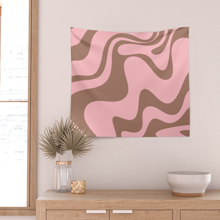 Retro Liquid Swirl Contemporary Abstract Pattern 2 in Mocha Brown and Pink Wall Tapestry Gallery Image 2
