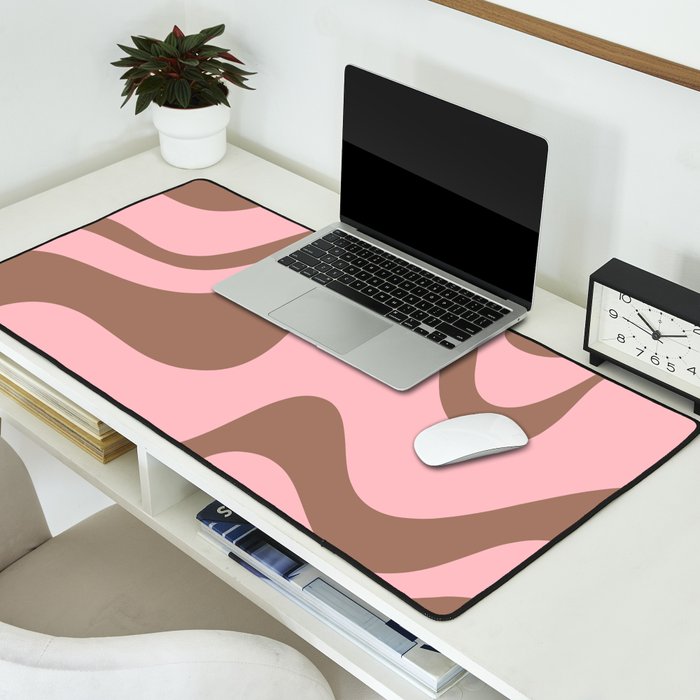 Retro Liquid Swirl Contemporary Abstract Pattern 2 in Mocha Brown and Pink Desk Mat Gallery Image 2