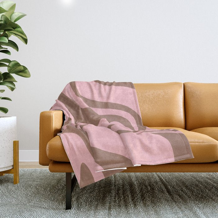 Retro Liquid Swirl Contemporary Abstract Pattern 2 in Mocha Brown and Pink Throw Blanket Gallery Image 1